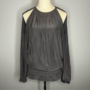 Ramy Brook Lauren Smocked Cold Shoulder Blouse Women Medium Gray Casual Career‎